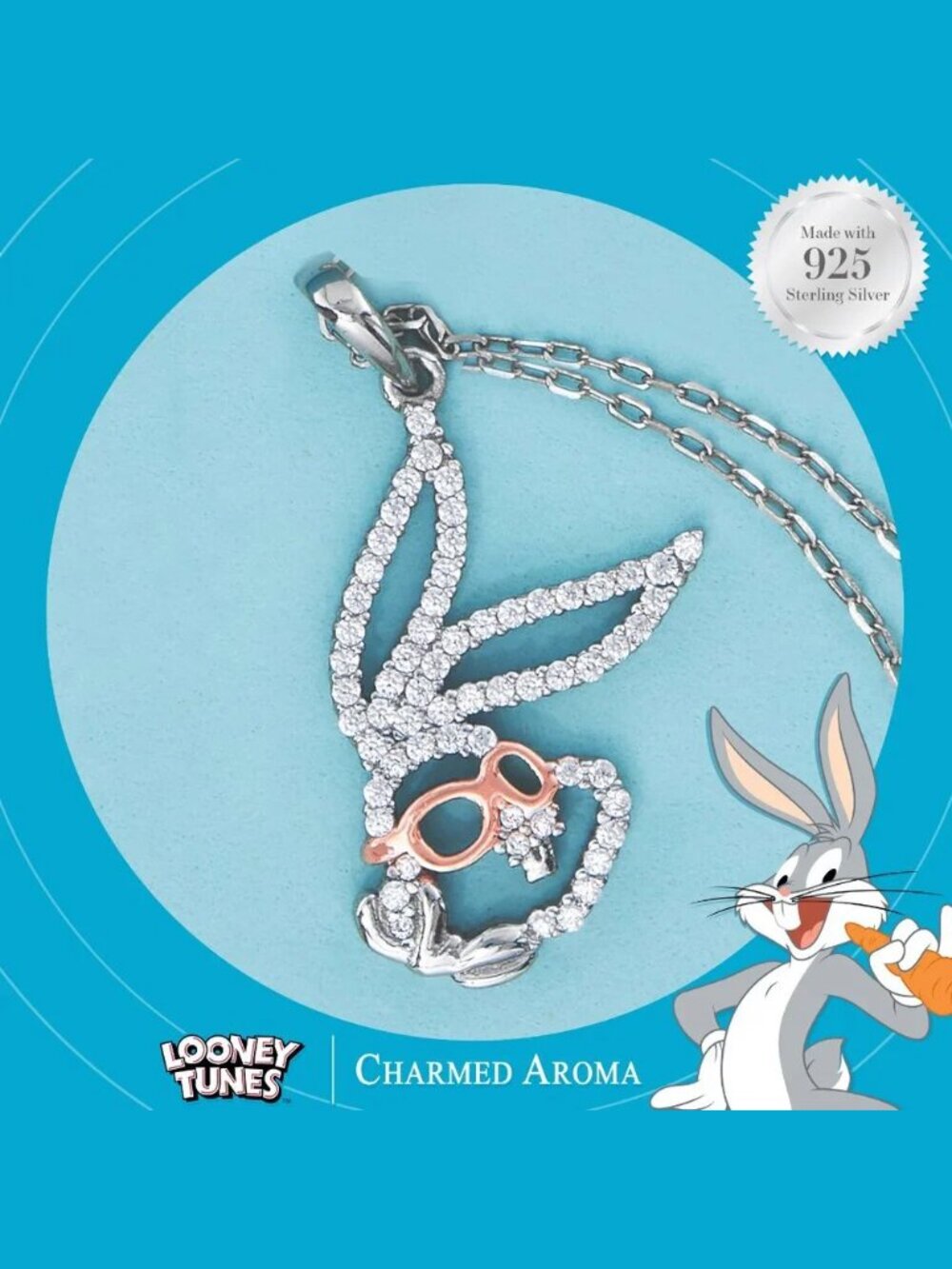 Bugs Bunny 925 Sterling Silver Necklace, Looney Tunes × Charmed Aroma